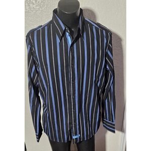 English Laundry Mens XL Button Down Shirt Black Blue Striped Epaulets Cotton
